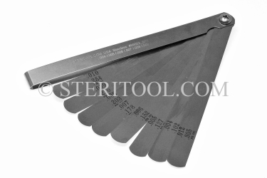 #99005 - 15 pc Stainless Steel Feeler Gauge Metric Set. 6"(150mm) in Fold out SS Frame. stainless steel, feeler, gauge